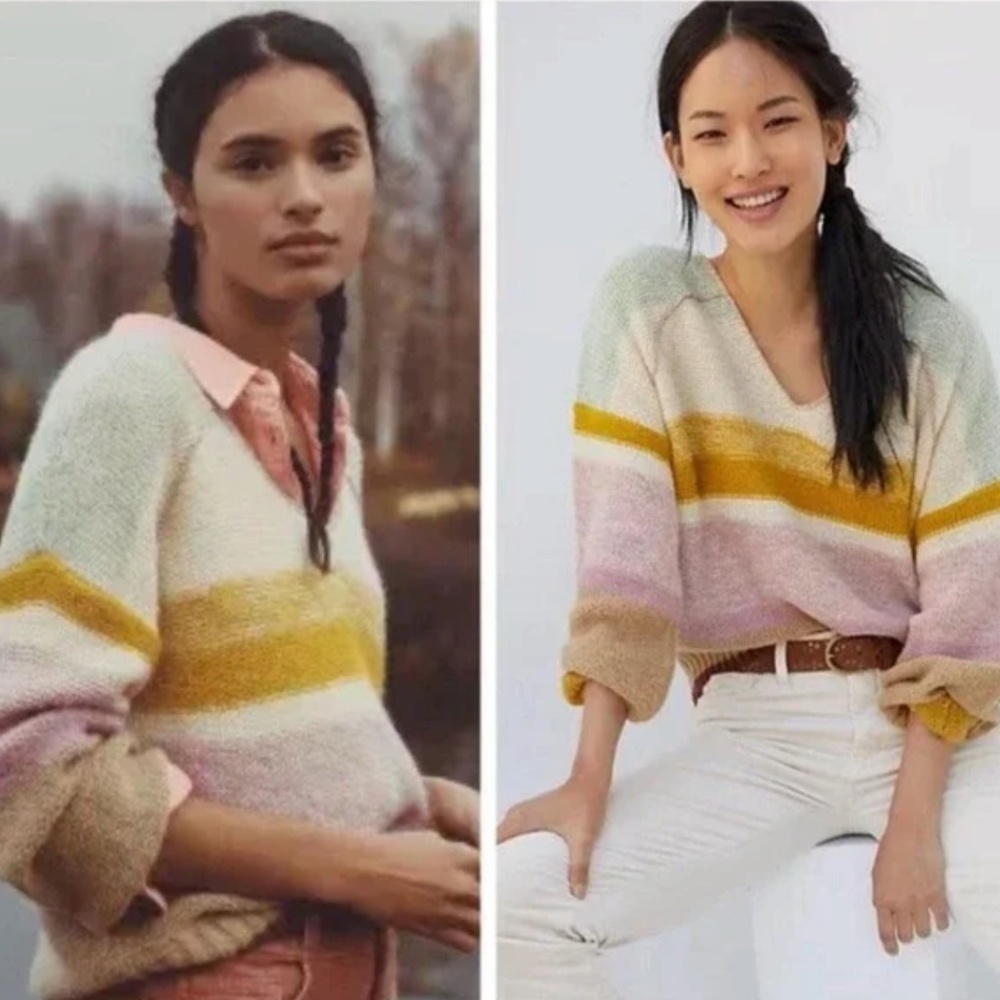 Anthropologie Pastel Striped V-Neck Sweater, Size XX-Small